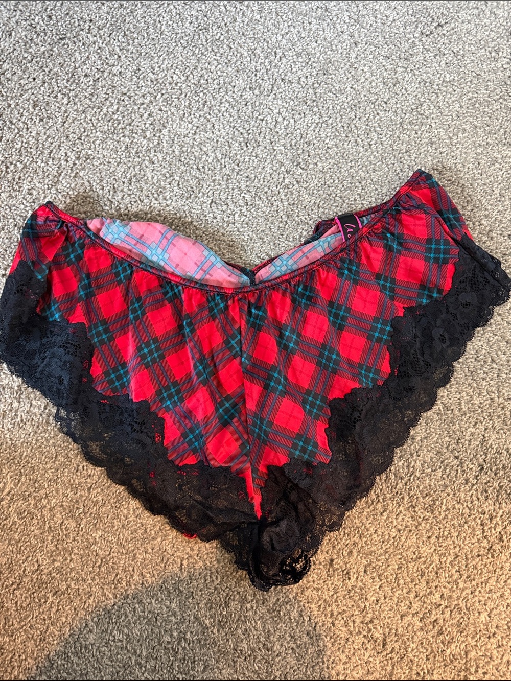 Victoria's Secret Red Plaid Hipster Short with Black Lace Trim
